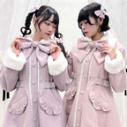 Japanese Sweet Winter Woolen Coat Lolita Style Cute Big Bow Fungus Edge Long Sleeve Slim Kawaii Girls Women Elegant Overcoat