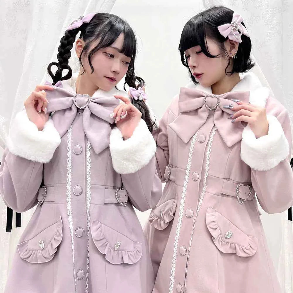 Japanese Sweet Winter Woolen Coat Lolita Style Cute Big Bow Fungus Edge Long Sleeve Slim Kawaii Girls Women Elegant Overcoat