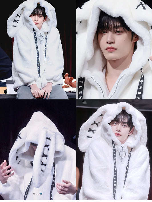 Nerazzurri Winter Sweet Cute Kawaii Soft Thick Warm White Faux Fur Coat Women with Bunny Ears Cute Fluffy Jacket Hoodie 2024 SS69