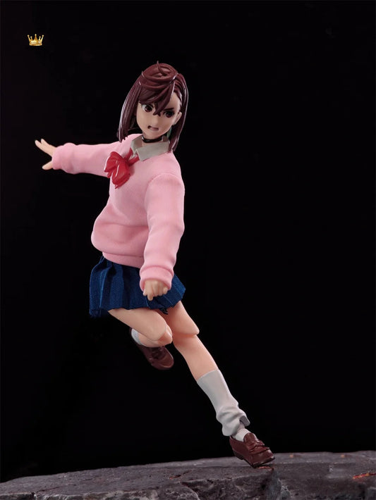 Handmade 1/12 Classic Japanese Anime DAN DA DAN Cosplay Momo Pink Hoodie Blue Pleated Skirt Set Fit 6" SHF Action Figure Body SS69