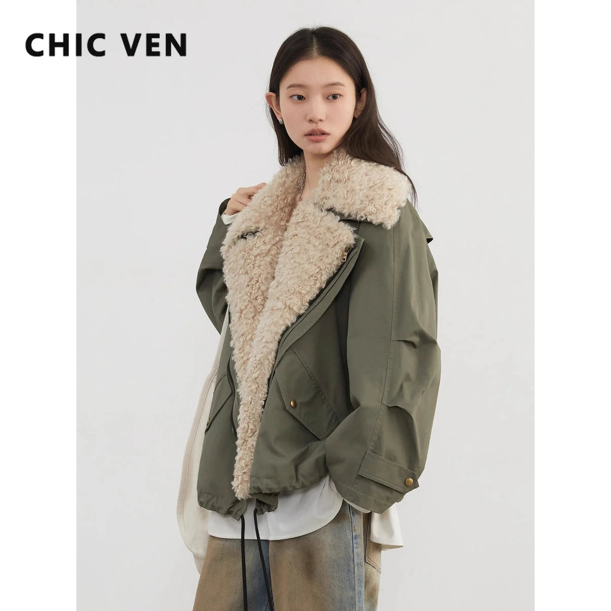 CHIC VEN Women Coats Streetwear Loose Casual New Retro Motorcycle Cotton Jacket Thick Warm Female Overcoat Autumn Winter 2026