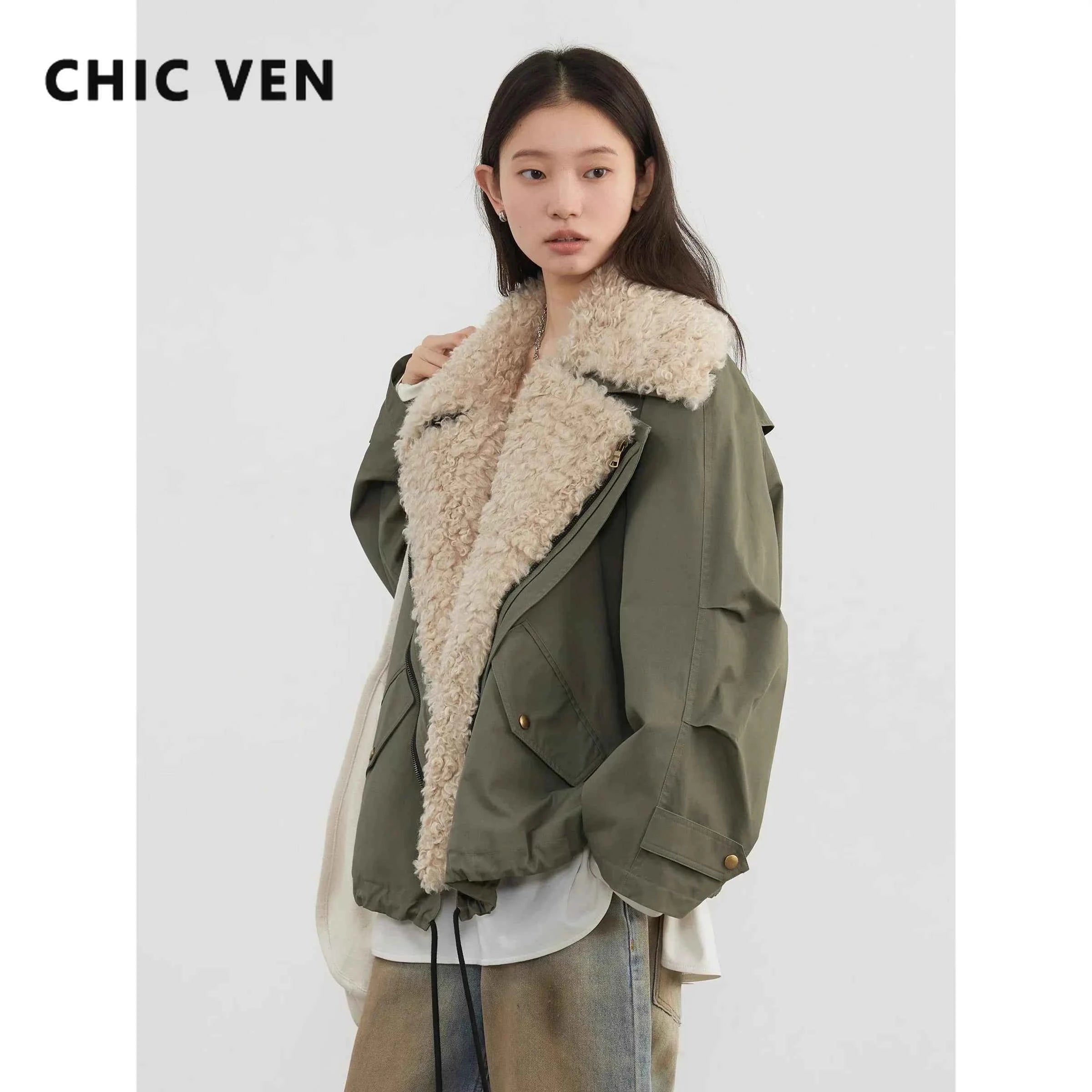 CHIC VEN Women Coats Streetwear Loose Casual New Retro Motorcycle Cotton Jacket Thick Warm Female Overcoat Autumn Winter 2026