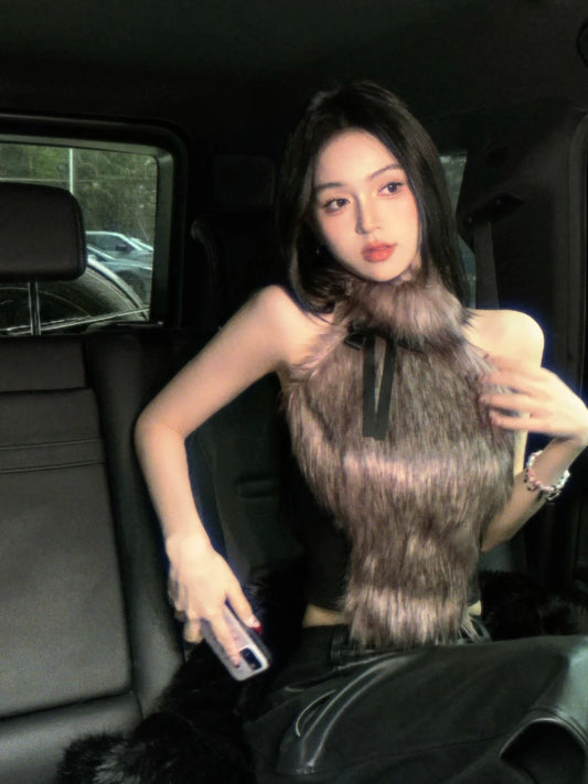 ADAgirl Faux Fur Tank Top High Collar Sleeveless Camis Jumper with Bow Korean Fashion Design Aesthetics Outfits Edgy Clothes Y2k SS69