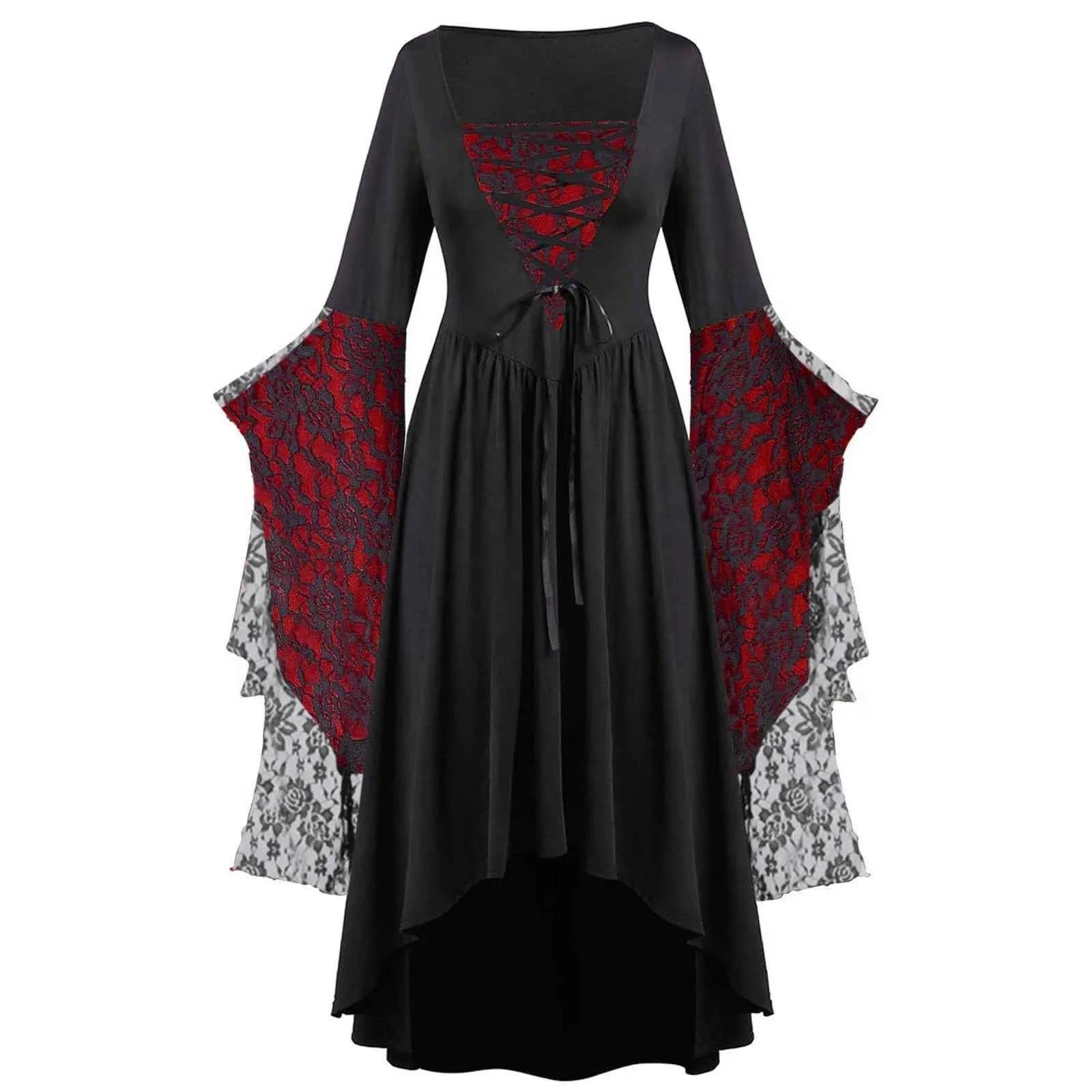 Women Gothic Plus Size Long Dresses Halloween Lace Dress Flare Sleeve Halloween Dresses Cosplay Costume Gothic Clothes For Women