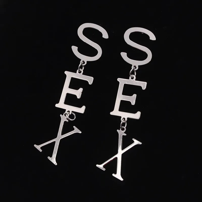 Punk Letter SEX Shape Dangle Earrings for Women Vintage European Metal Drop Earrings Golden Silver Color Black Red Green Jewelry SS69 5.69 ES1264 / other