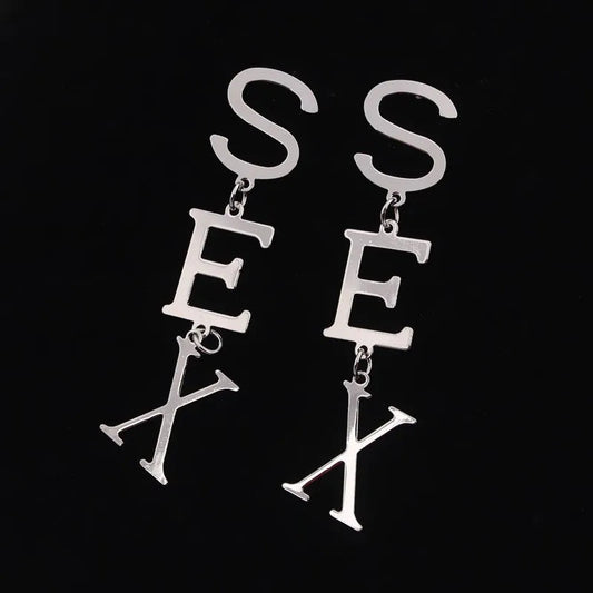Punk Letter SEX Shape Dangle Earrings for Women Vintage European Metal Drop Earrings Golden Silver Color Black Red Green Jewelry SS69 5.69 ES1264 / other