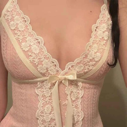 Xingqing Fairy Coquette Tank Top y2k Women Lace Floral V Neck Spaghetti Strap Sleeveless Vest with Bow 2000s Aesthetic Clothing