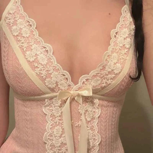 Xingqing Fairy Coquette Tank Top y2k Women Lace Floral V Neck Spaghetti Strap Sleeveless Vest with Bow 2000s Aesthetic Clothing
