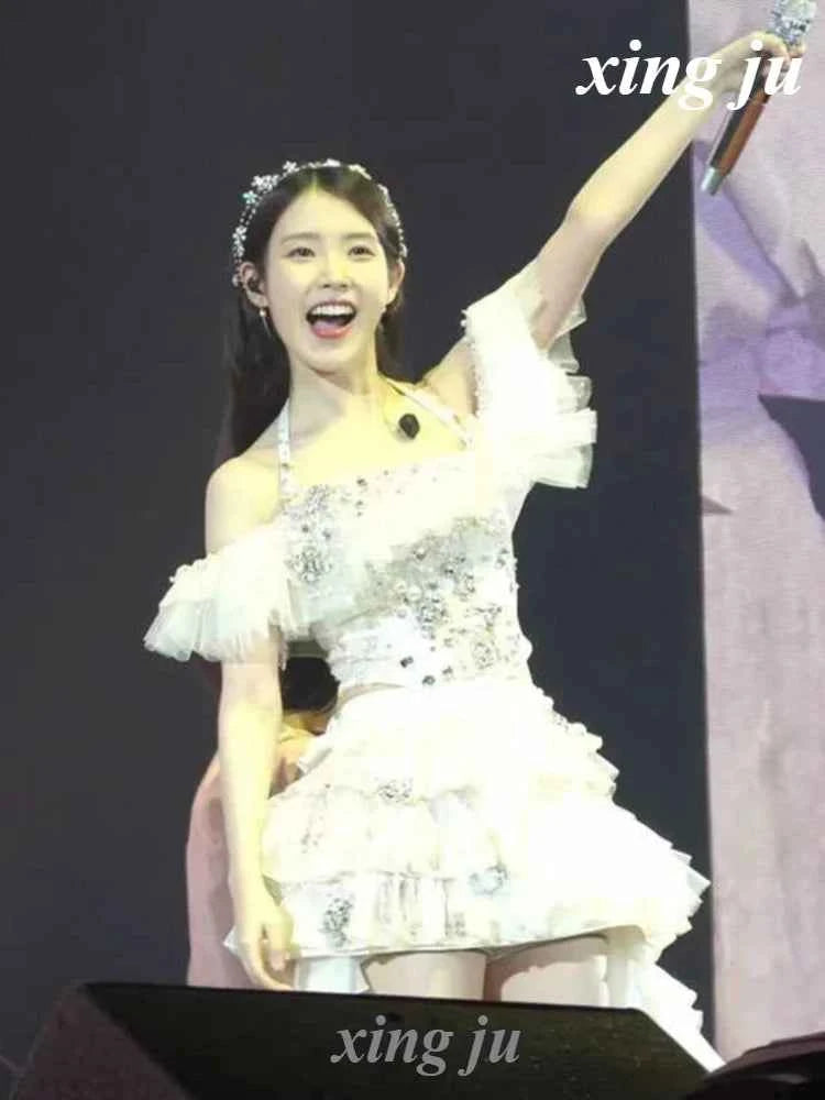 Kpop Singer Sexy Rhinestones Sling Tops Irregular Ruffled Skirts Stage Performance Outfits Women Nightclub Dj Jazz Dance Costume