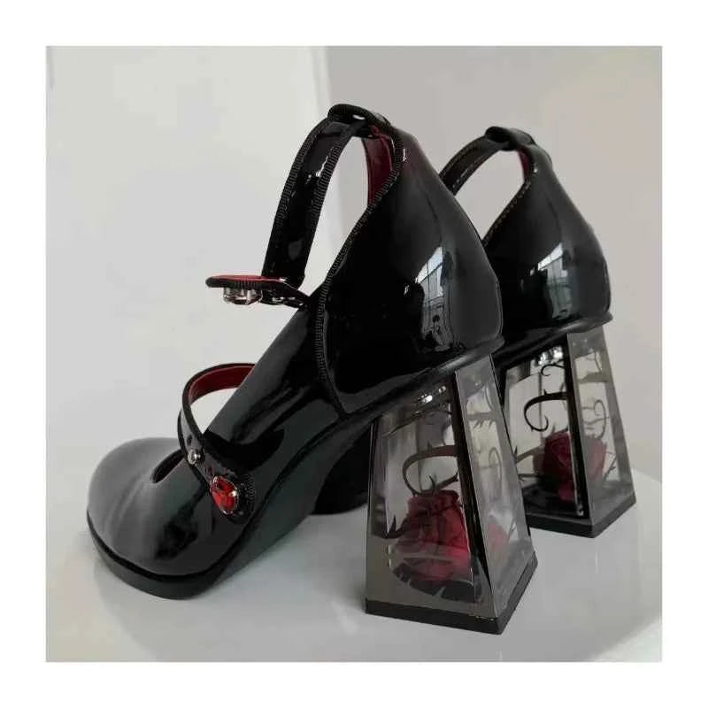 New 2024 Punk Gothic High Heels Pumps Women Rose Heeled Patent Leather Lolita Shoes Woman Y2K Ankle Straps Black Mary Jane Shoes