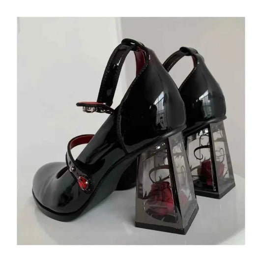 New 2024 Punk Gothic High Heels Pumps Women Rose Heeled Patent Leather Lolita Shoes Woman Y2K Ankle Straps Black Mary Jane Shoes
