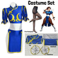Women's Street Fighter Chun Li Cosplay Costume Game Fighter Chunli Blue Cheongsam with Headdress and Waistband Halloween Costume