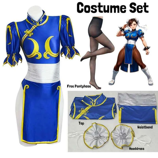 Women's Street Fighter Chun Li Cosplay Costume Game Fighter Chunli Blue Cheongsam with Headdress and Waistband Halloween Costume