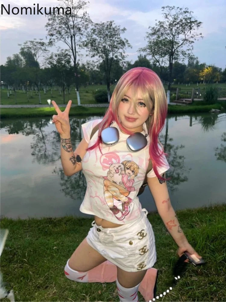 Japanese Camisetas Y2k Tshirts Crop Tops Women Clothing Short Sleeve O-neck Cute Tees Anime Print Casual Fashion Summer T-shirt SS69