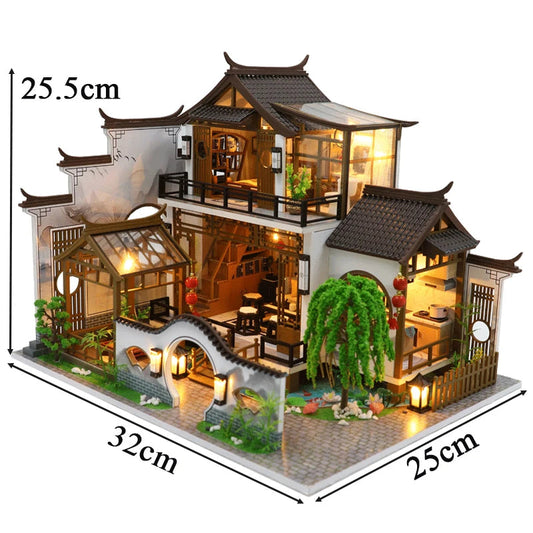 NEW DIY Wooden Doll Houses Japanese Ancient Casa Miniature Building Kits with Furniture Led Dollhouse for Adults Christmas Gifts SS69