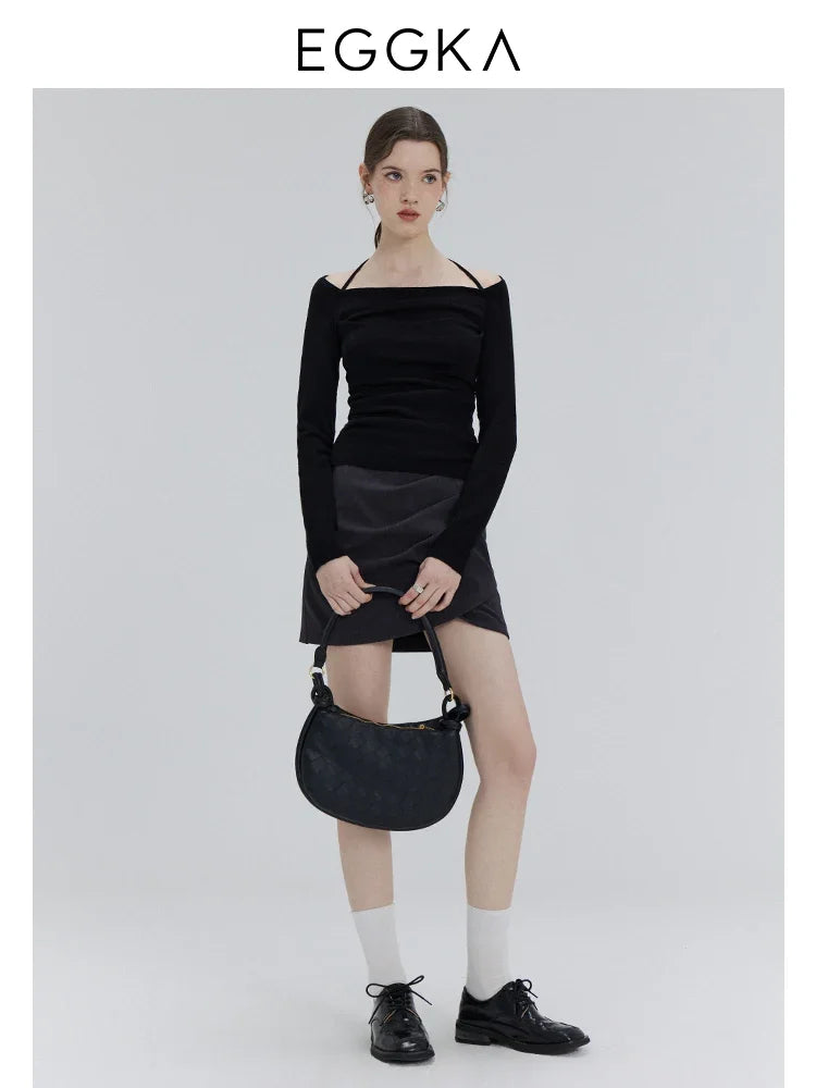 EGGKA Autumn One-shoulder Halter Neck Knitted Tops Women Slim Designer T-Shirts Slash Neck Long Sleeve Tops Korean Fashion Tees SS69