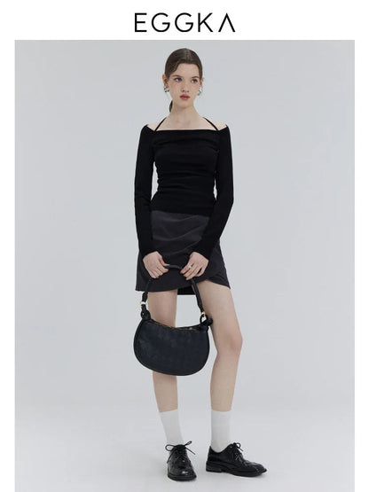 EGGKA Autumn One-shoulder Halter Neck Knitted Tops Women Slim Designer T-Shirts Slash Neck Long Sleeve Tops Korean Fashion Tees SS69