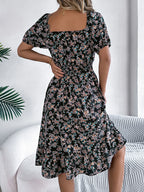 Summer Women's Beach Dress Floral 3D Print Square Neck Short-Sleeved Ladies Waist Ruffled A-Line Dress For Women Holiday Dresses
