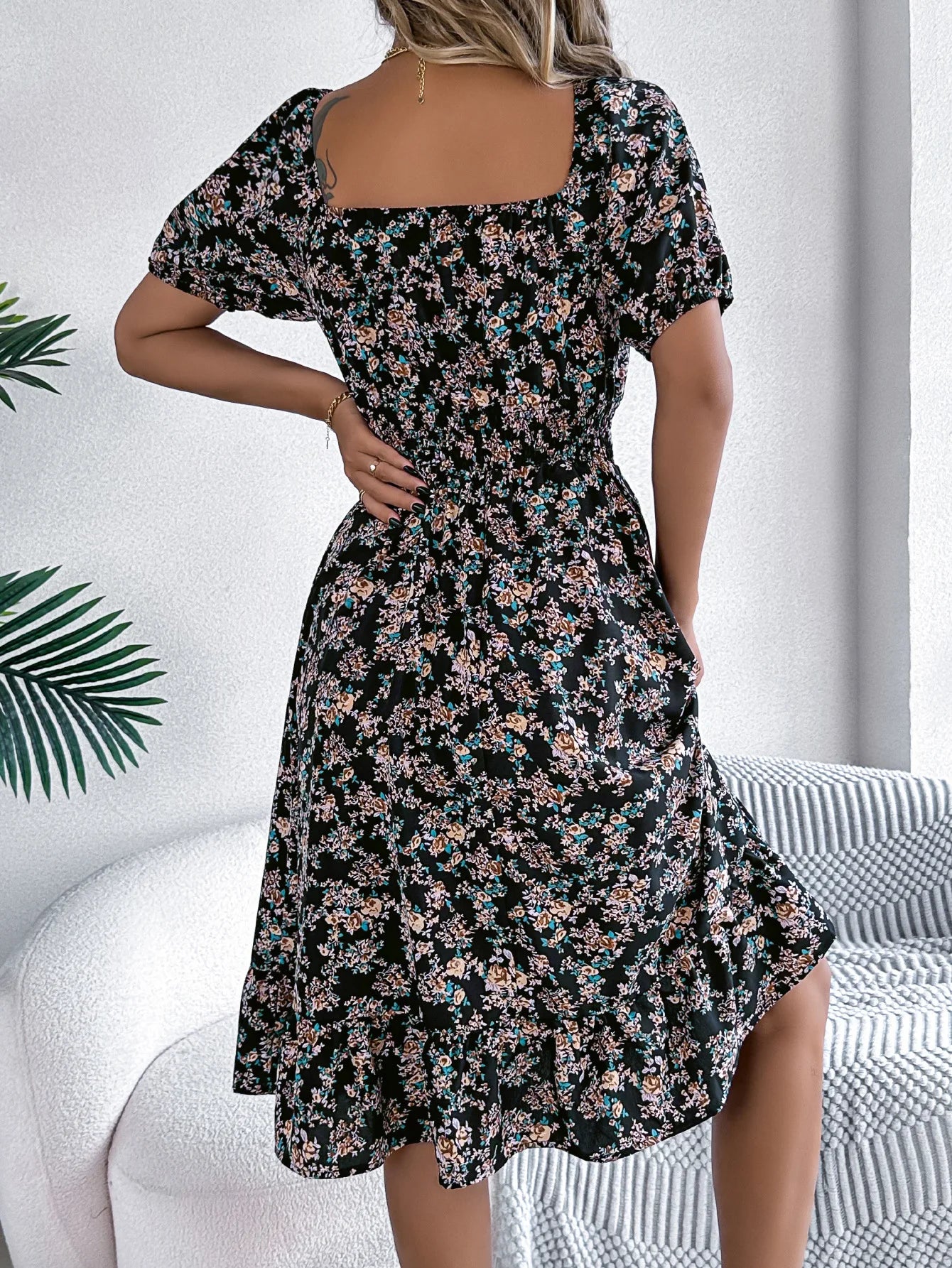 Summer Women's Beach Dress Floral 3D Print Square Neck Short-Sleeved Ladies Waist Ruffled A-Line Dress For Women Holiday Dresses