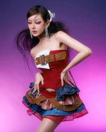 Preppy Style Vintage Red Denim Bustier Tops + Sweet Spicy Pure Design Mini Cake Skirt Women 2 Piece Sets Summer 2025 Korea Style SS69