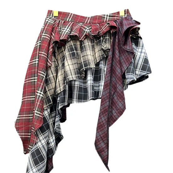 Y2K Harajuku Women's Skirt Irregular Plaid Patchwork Large Size Summer Spice Girl Design A-line Skirt Trendy Pleated Streetwear SS69