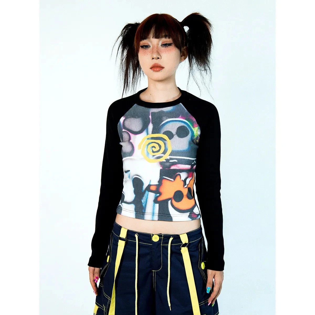 Women Vortex Skull Print Long Sleeve Raglan Stitch Backing T-Shirt Tops Fairy Grunge Graphic Vintage Y2k Slim Long Sleeve Top SS69