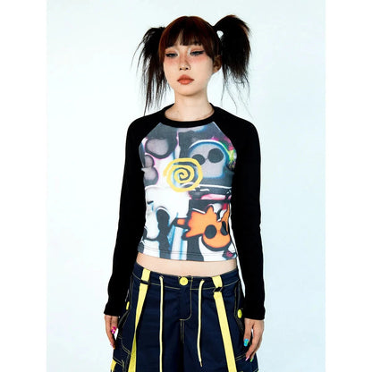 Women Vortex Skull Print Long Sleeve Raglan Stitch Backing T-Shirt Tops Fairy Grunge Graphic Vintage Y2k Slim Long Sleeve Top SS69