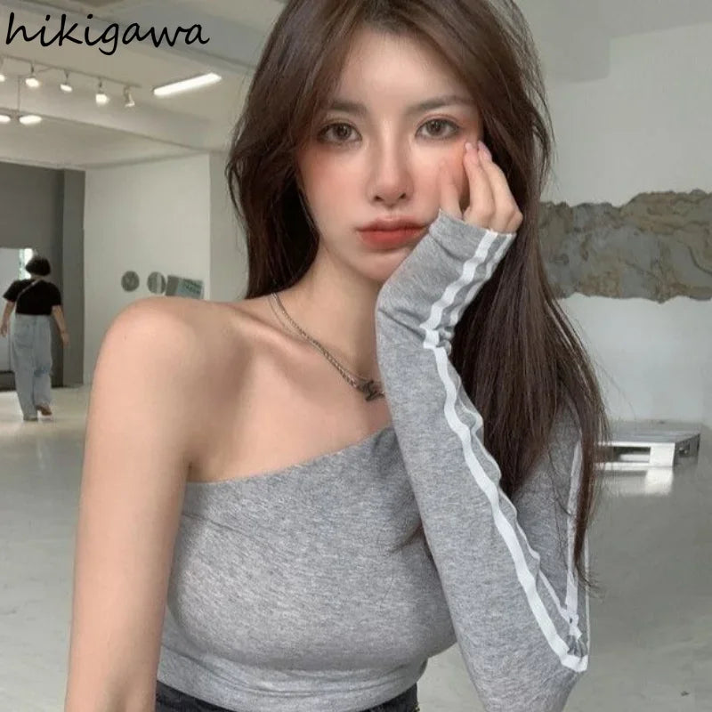 2025 Ropa Mujer Sexy Tshirts Women Off Shoulder Long Sleeve Tunic Black Tees Chic Casual T Shirt Summer Harajuku Y2k Crop Tops SS69