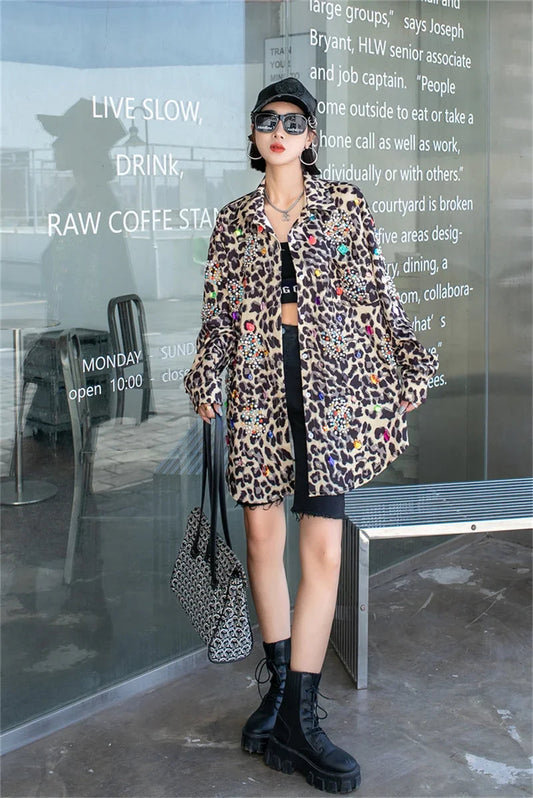 Harajuku Vintage Pearl Beaded Diamonds Leopard Print Women Thin Shirt Jacket Loose Casual Lapel Long Sleeve Female Jacket Coat SS69