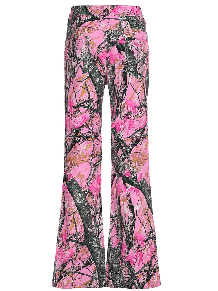 Rockmore Pink Thorn Camouflage Printed Flare Pant Casual High Street Trouser Women Y2k Clothes Autumn Aesthetic Grunge Fairycore SS69