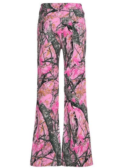 Rockmore Pink Thorn Camouflage Printed Flare Pant Casual High Street Trouser Women Y2k Clothes Autumn Aesthetic Grunge Fairycore SS69