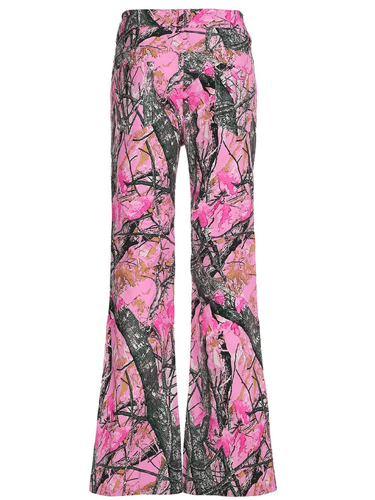 Rockmore Pink Thorn Camouflage Printed Flare Pant Casual High Street Trouser Women Y2k Clothes Autumn Aesthetic Grunge Fairycore SS69