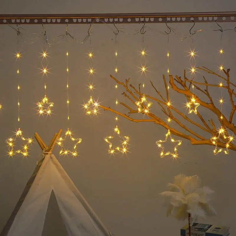 Christmas Curtain Lights LED String Lights with Tree Snowflake Star Deer Bell USB Remote 8 Modes Home Decor