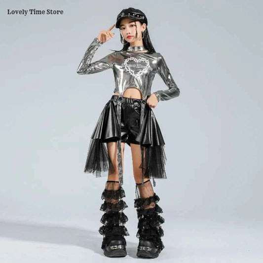 Girls K-pop Silver Shiny Crop Top Street Dance Ribbon Skirt Kids Hip Hop Jazz Clothes Set Children Streetwear Girl Group Costume