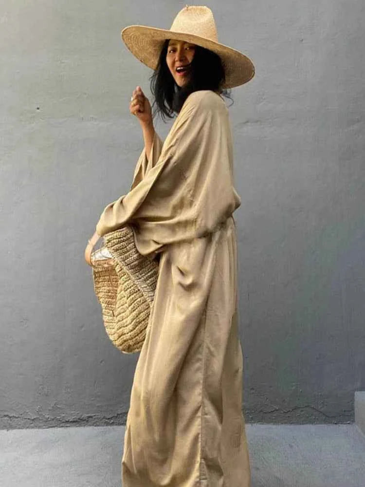 Solid Beach Cover Up Women Self Belted Wrap Kimono Dress Swimsuit 2025 New Robe Summer Beachwear Factory Supply