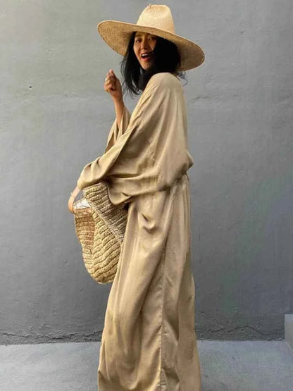 Solid Beach Cover Up Women Self Belted Wrap Kimono Dress Swimsuit 2025 New Robe Summer Beachwear Factory Supply