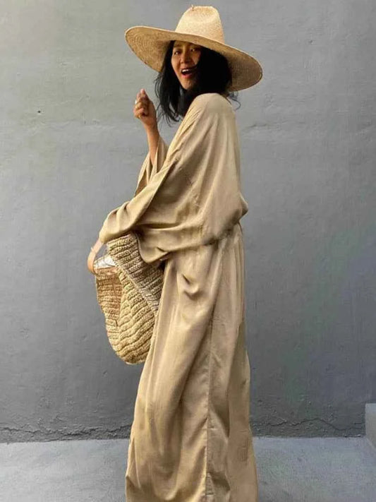 Solid Beach Cover Up Women Self Belted Wrap Kimono Dress Swimsuit 2025 New Robe Summer Beachwear Factory Supply