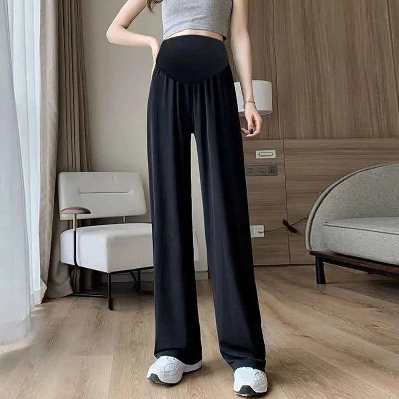 Summer Women's Maternity with Pockets Large Size Maternity Trousers Outside Wearing Thin Section of Ice Silk Draped Wide-Legged