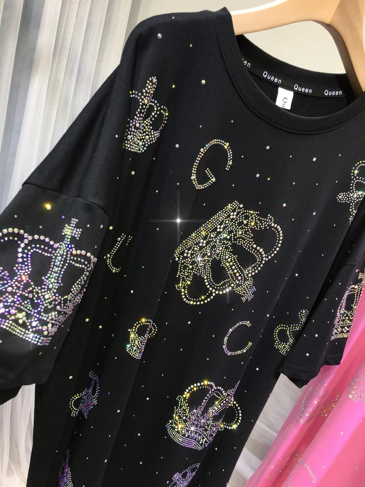 Oversized European top summer new fashion loose rhinestone diamond crown iron diamond women's short-sleeved T-shirt SS69