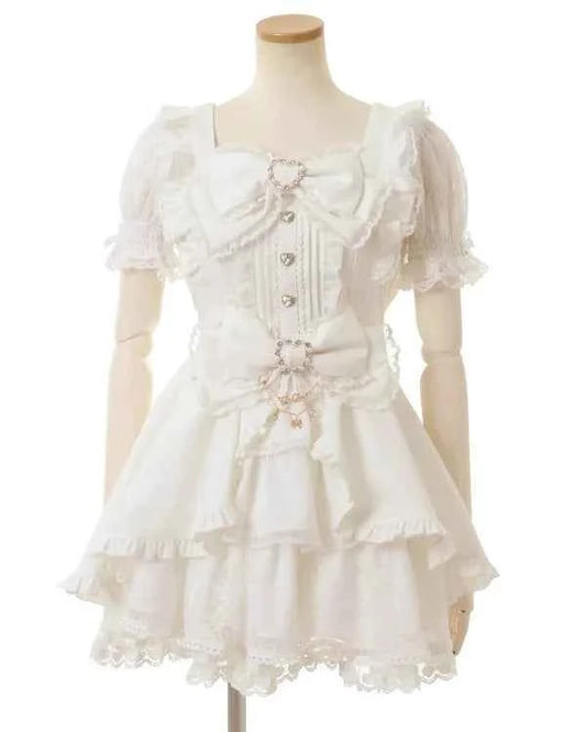 Liz New Japanese Lolita Princess Dress Set Spring Summer Big Bow Spring Summer Short Sleeve Slim Sweet Dress and Shorts Set