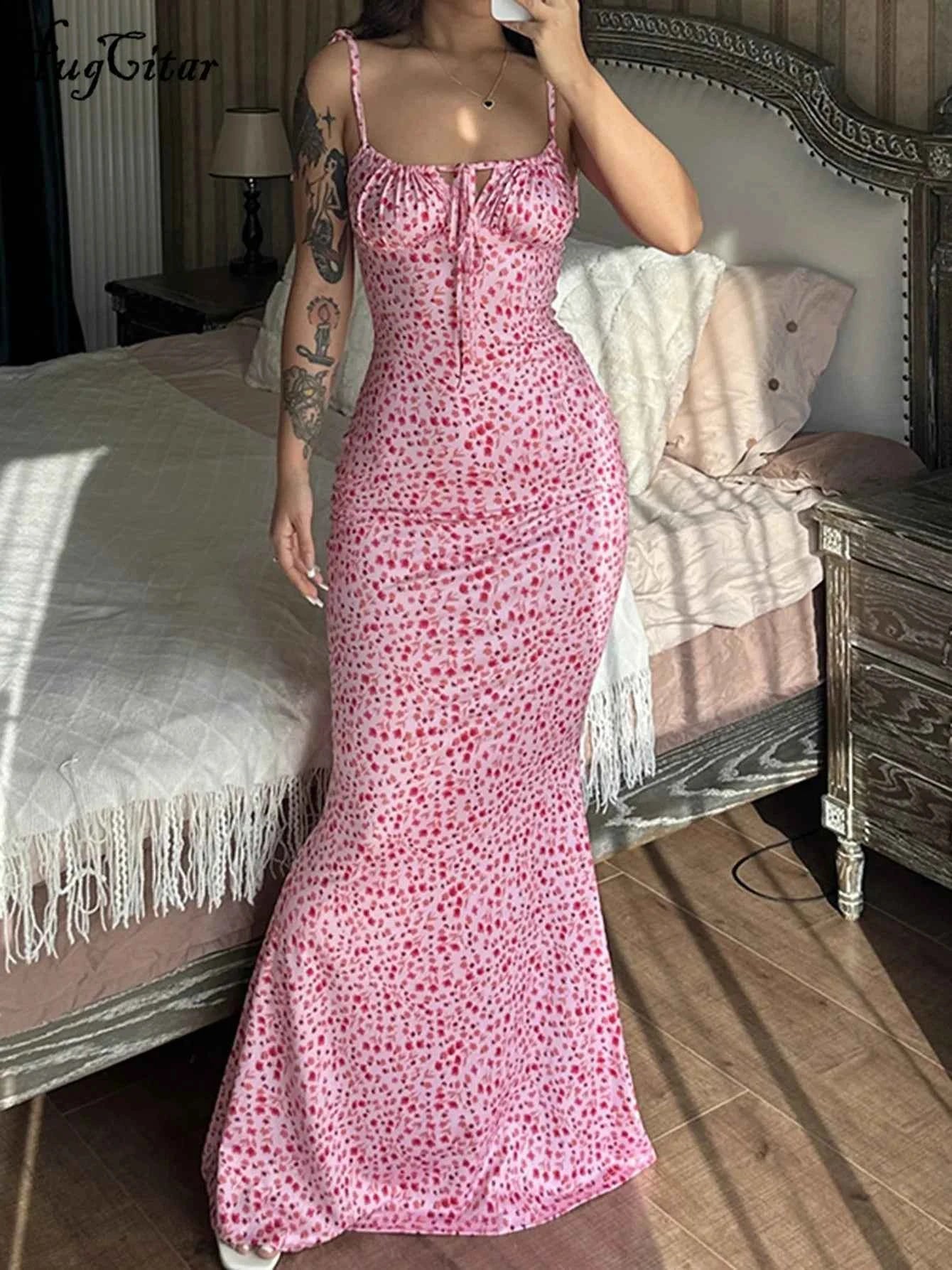Hugcitar Women Elegant Floral Beach Vacation Bodycon Streetwear Long Dress 2026 Summer Clothes Wholesale Items For Business