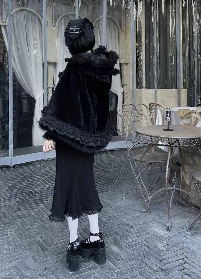 Japanese Mine Lace Splicing Cute Bow Lolita Shawl Jacket Autumn and Winter New Sweet Girl Loose Warm Plush Cape Coat Women