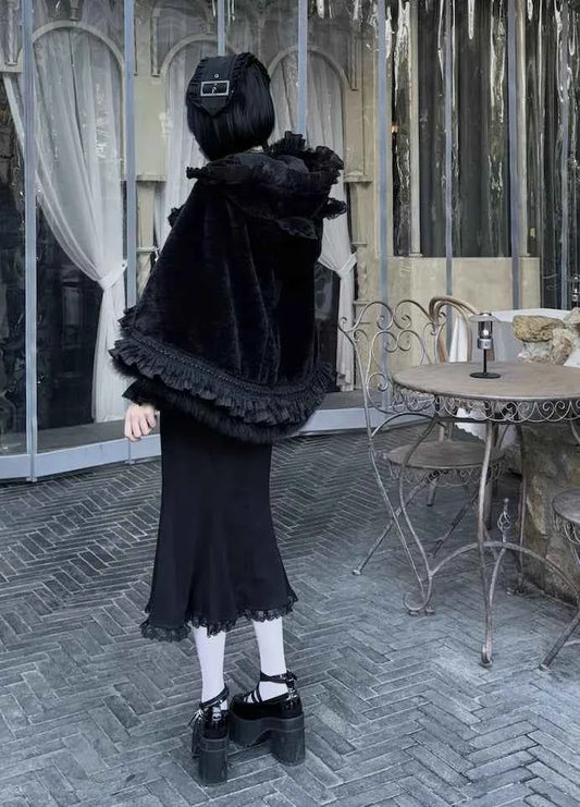 Japanese Mine Lace Splicing Cute Bow Lolita Shawl Jacket Autumn and Winter New Sweet Girl Loose Warm Plush Cape Coat Women