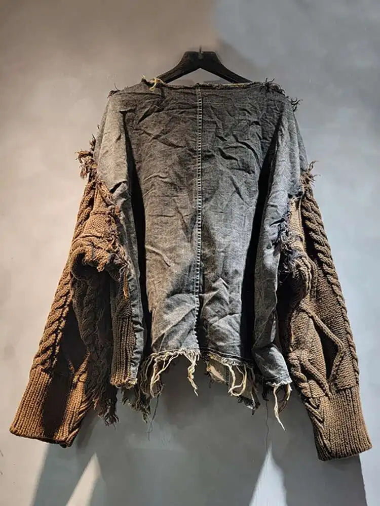 DEAT Women's Patchwork Denim Pullover Sweater - Loose Knit Top