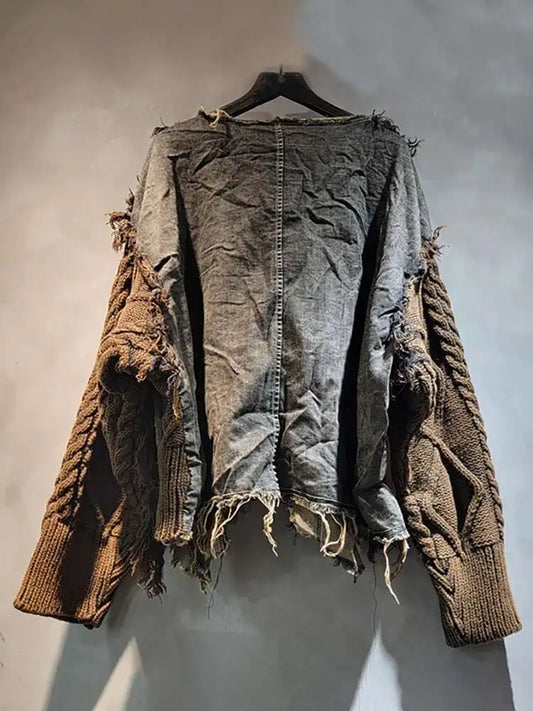 DEAT Women's Patchwork Denim Pullover Sweater, Long Sleeve Loose Knit Top