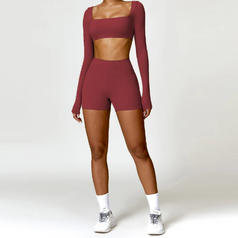 2PCS Yoga Suit Sports Set Women Quick-Drying Gym Set Women Tracksuit Running Workout Long Sleeve Sports Shirt Yoga Clothing SS69 51.69 Wine Red 1 / XL