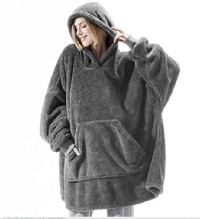 New Winter Women Double-faced Fleece Hoodie Blanket Oversize Large Pocket Warm Couple Loose Sweatshirts Women And Men Robe