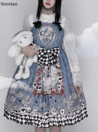 Vintage Gothic Lolita Style Slip Dress Women Harajuku Y2k Sleeveless Dark Bunny Print Party Dresses Girly Kawaii Bow Vestidos