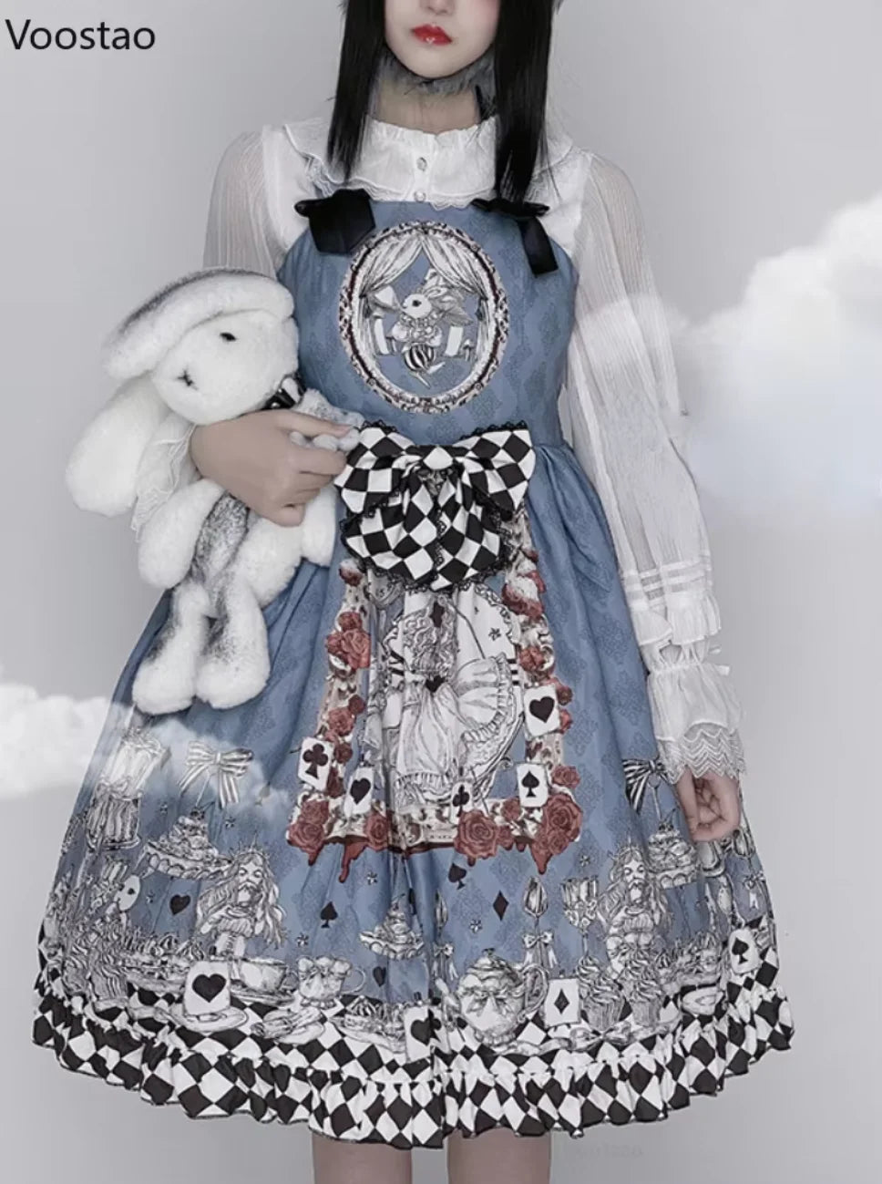 Vintage Gothic Lolita Style Slip Dress Women Harajuku Y2k Sleeveless Dark Bunny Print Party Dresses Girly Kawaii Bow Vestidos
