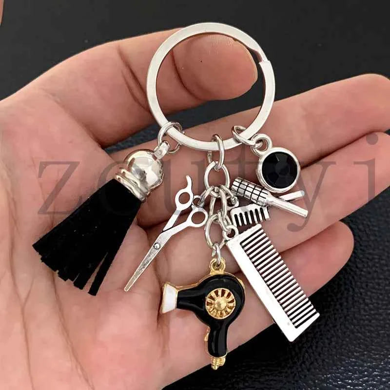 New fashion hairstyle gift charm tassel keychain retro jewelry mini hairdressing scissors hair dryer comb keychain DIY manual